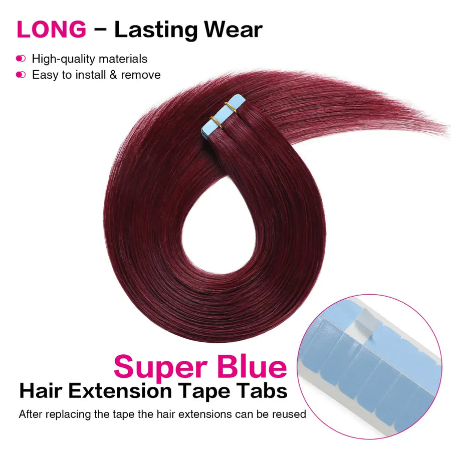 SUYYA Invisible Tape ins Remy Human Hair Extensions Burgundy (#99J) 20Pcs