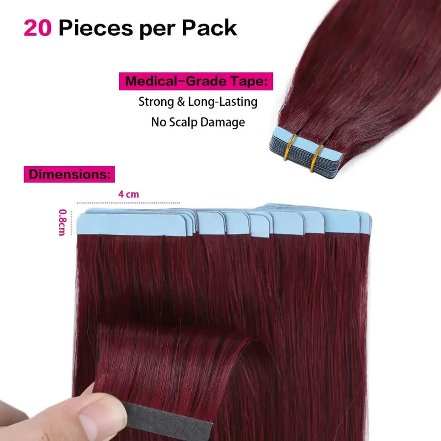 Suyya Hair Burgundy (#99J) Tape-In Hair Extensions | 20Pcs