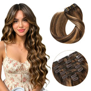 Chocolate Brown / Caramel Blonde Balayage (#P4/27/T4) Suyya Human Clip In Hair Extensions