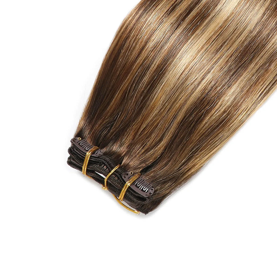 Chocolate Brown / Caramel Blonde Balayage (#P4/27/T4) Suyya Human Clip In Hair Extensions