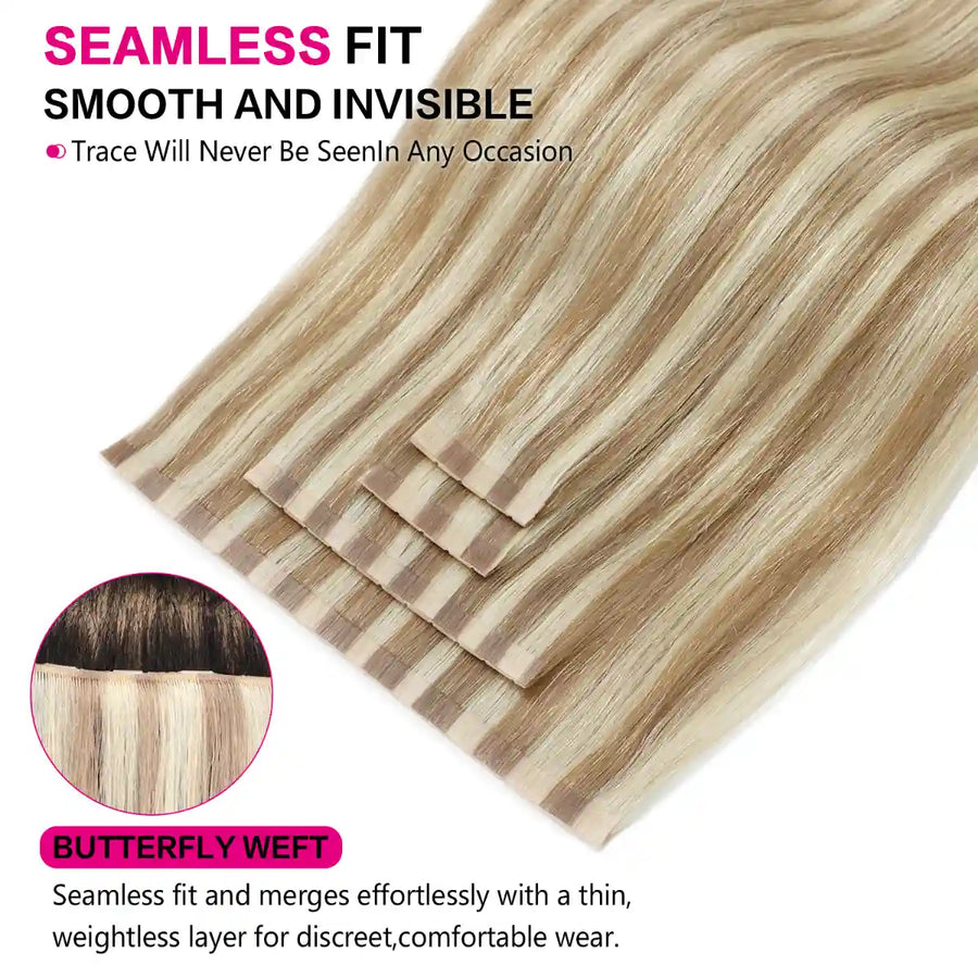 SUYYA Butterfly Weft Hair Extensions Ash Blonde / Bleach Blonde Balayage (#P18/613) Remy Human Hair