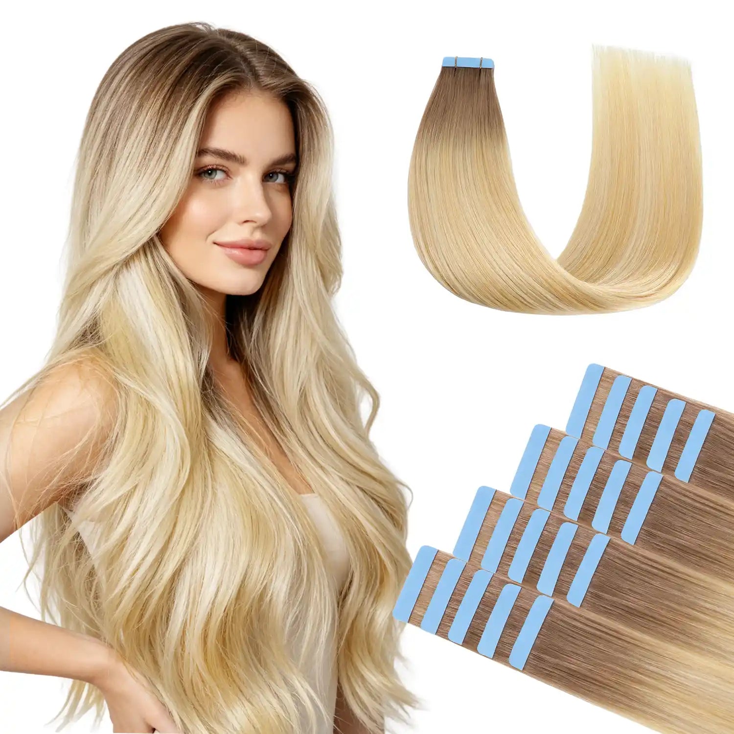 SUYYA Ash Blonde / Medium Blonde / Platinum Blonde Balayage (#P22/60/T18) Tape-In Hair Extensions | 20Pcs