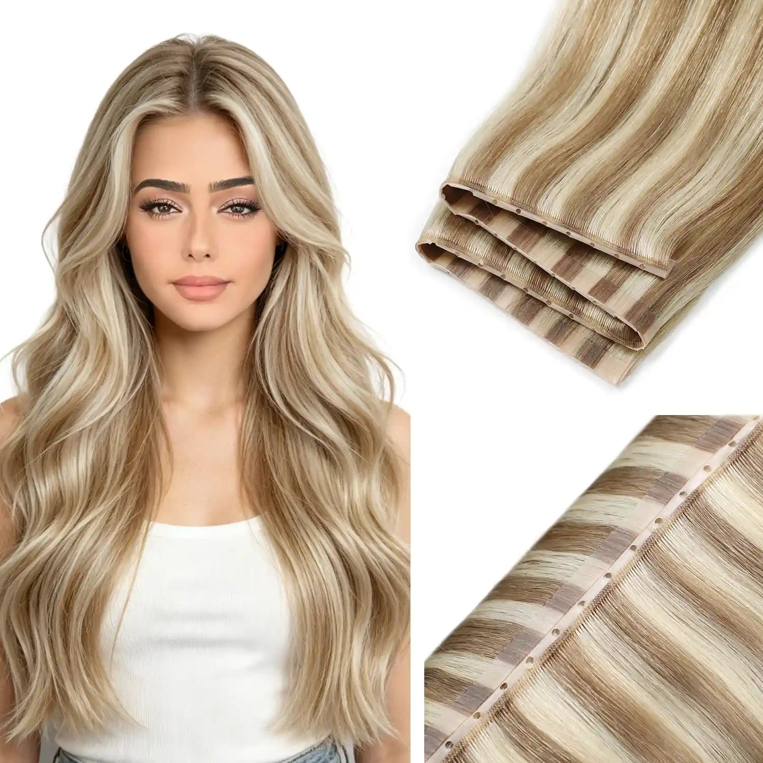 SUYYA Butterfly Weft Hair Extensions Ash Blonde / Bleach Blonde Balayage (#P18/613) Remy Human Hair