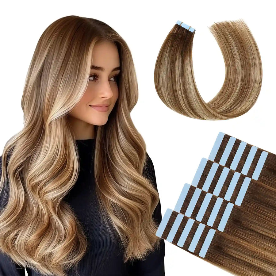 SUYYA Chocolate Brown / Bleach Blonde / Chestnut Brown Balayage (#P6/613/T4) Tape-In Hair Extensions | 20Pcs