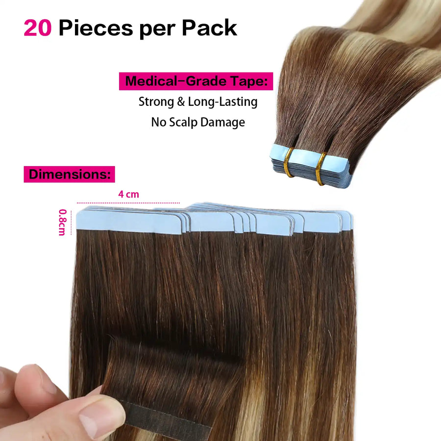 SUYYA Chocolate Brown / Bleach Blonde / Chestnut Brown Balayage (#P6/613/T4) Tape-In Hair Extensions | 20Pcs