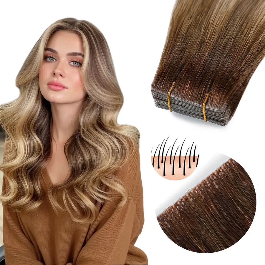 SUYYA Human Invisible Tape ins (#P6/613/T4) Balayage Chocolate Brown / Bleach Blonde / Chestnut Brown Hair Extensions 20Pcs
