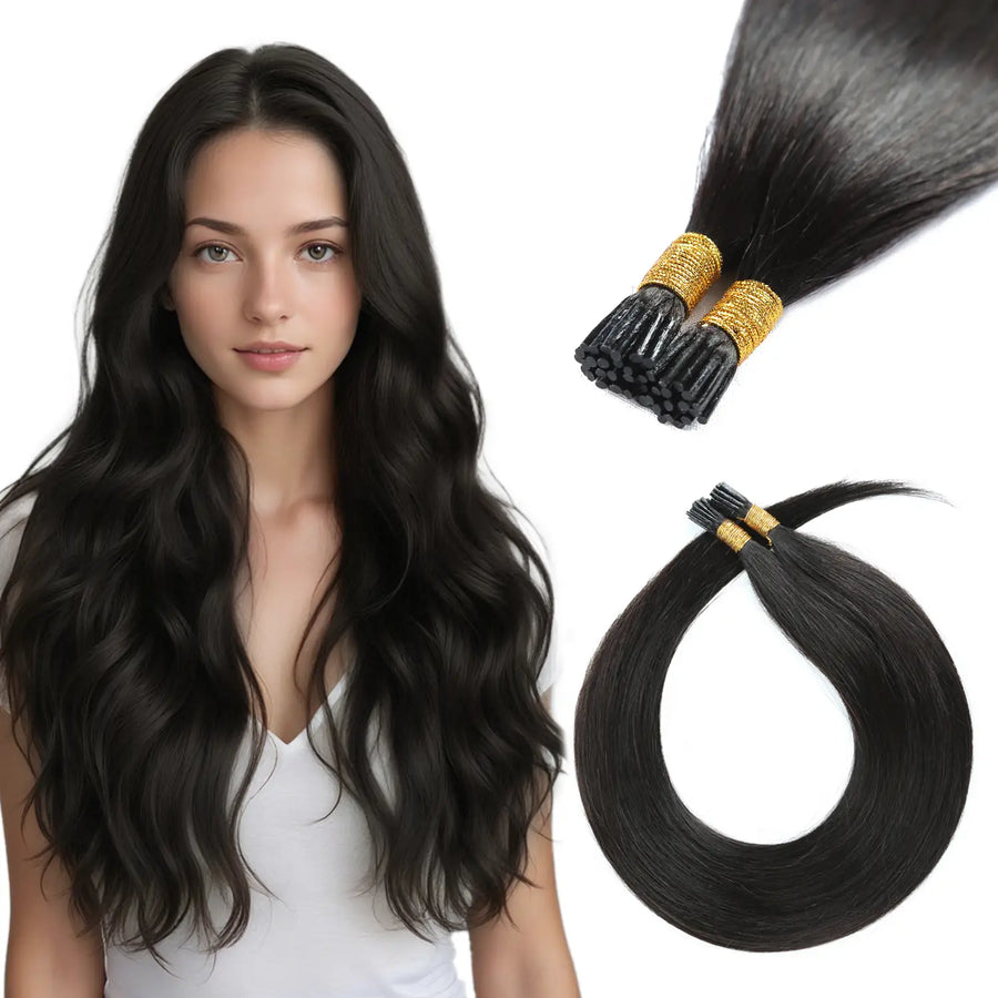 SUYYA I-Tip Extensions 100% Remy Human Hair Stick Tip Cold Fusion Hair Natural Black (#1B）