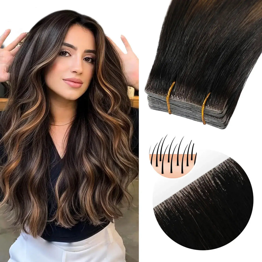 SUYYA Invisible Tape in Hair Extensions (#P1B/6/T1B) Natural Black / Chestnut Brown Balayage