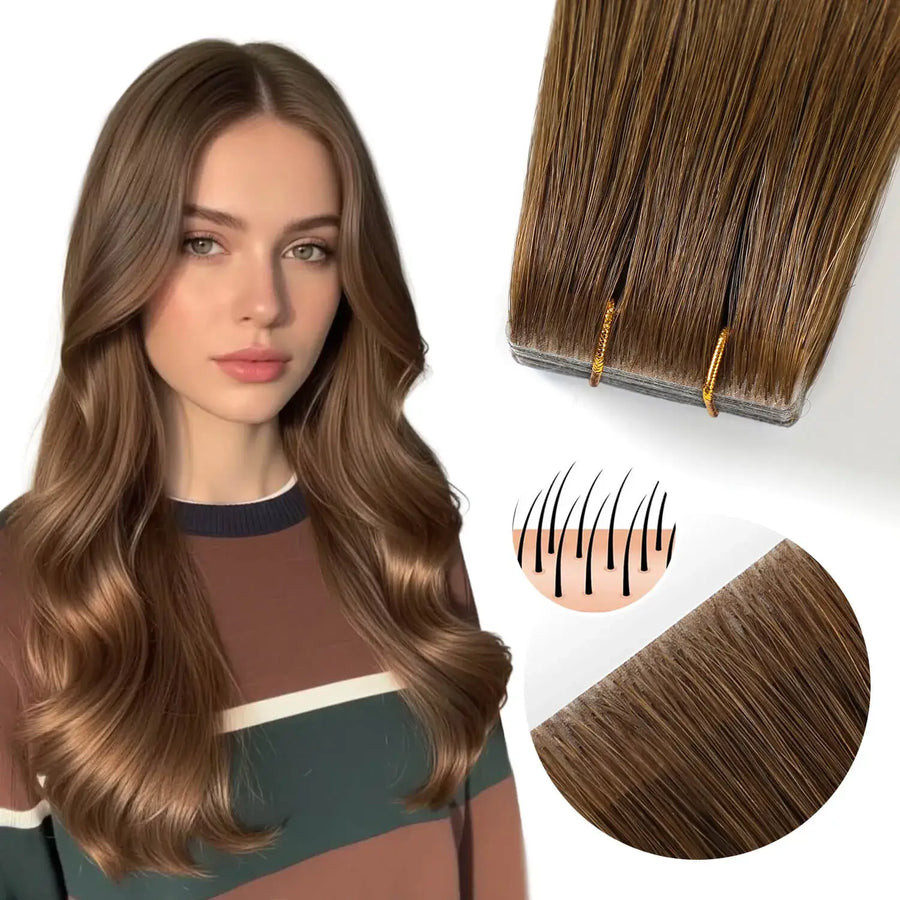 SUYYA Invisible Tape ins (#6) Chestnut Brown Human Hair Extensions 20Pcs