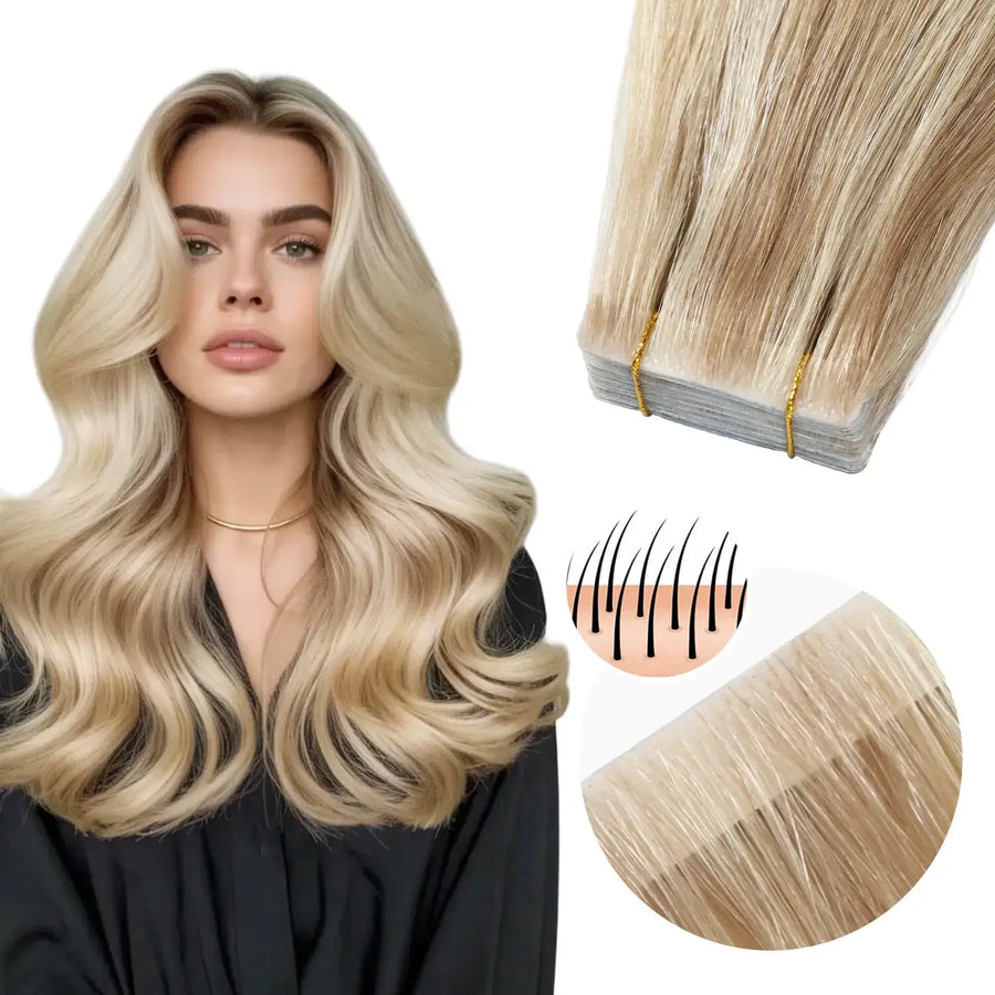SUYYA Invisible Tape ins (#P18/613) Ash Blonde / Bleach Blonde Balayage Hair Extensions