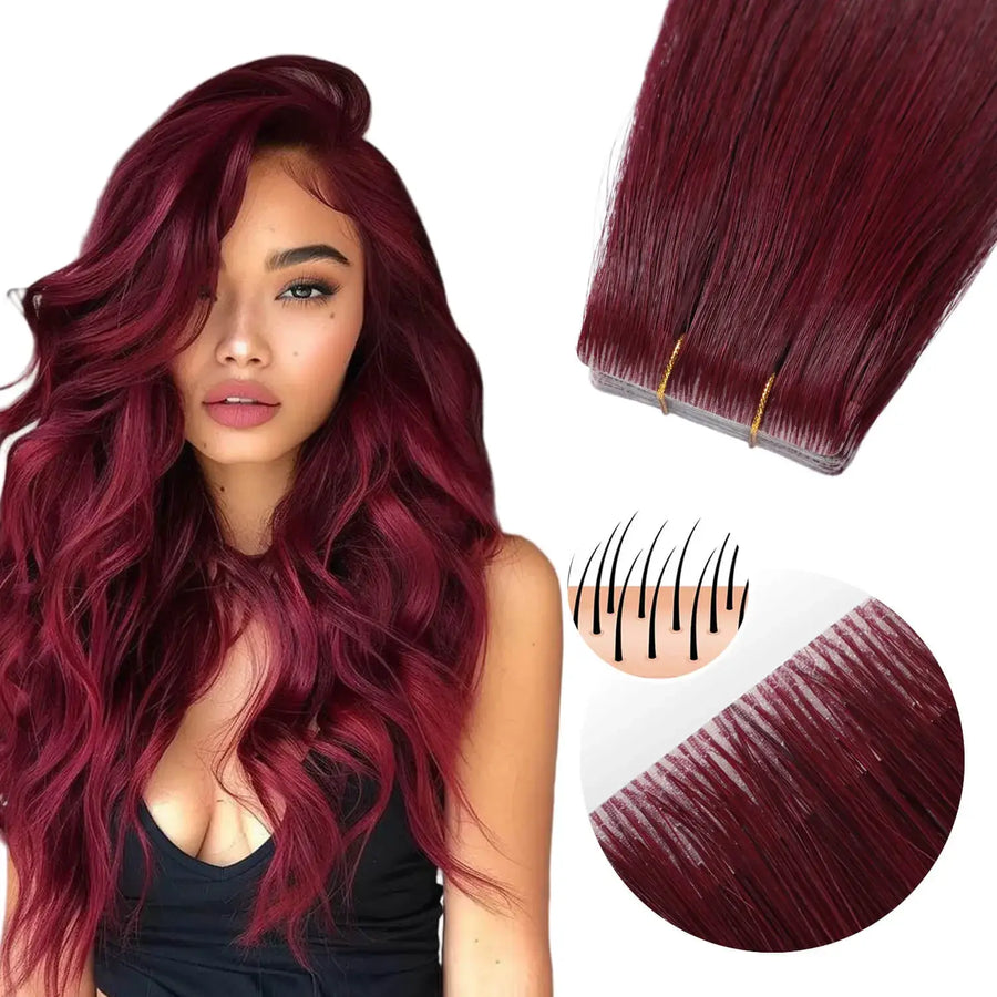 SUYYA Invisible Tape ins Remy Human Hair Extensions Burgundy (#99J) 20Pcs