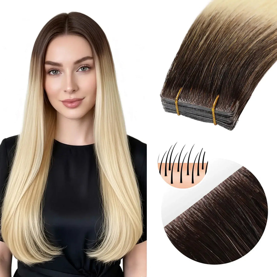 SUYYA Invisible Tape ins  (#T2/60) Ombre Darkest Brown to Platinum Blonde Hair Extensions