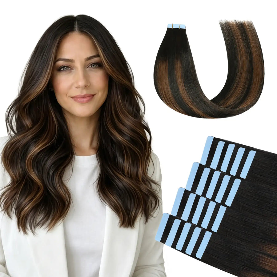 SUYYA Natural Black / Chestnut Brown Balayage (#P1B/6/T1B) Tape-In Hair Extensions | 20Pcs