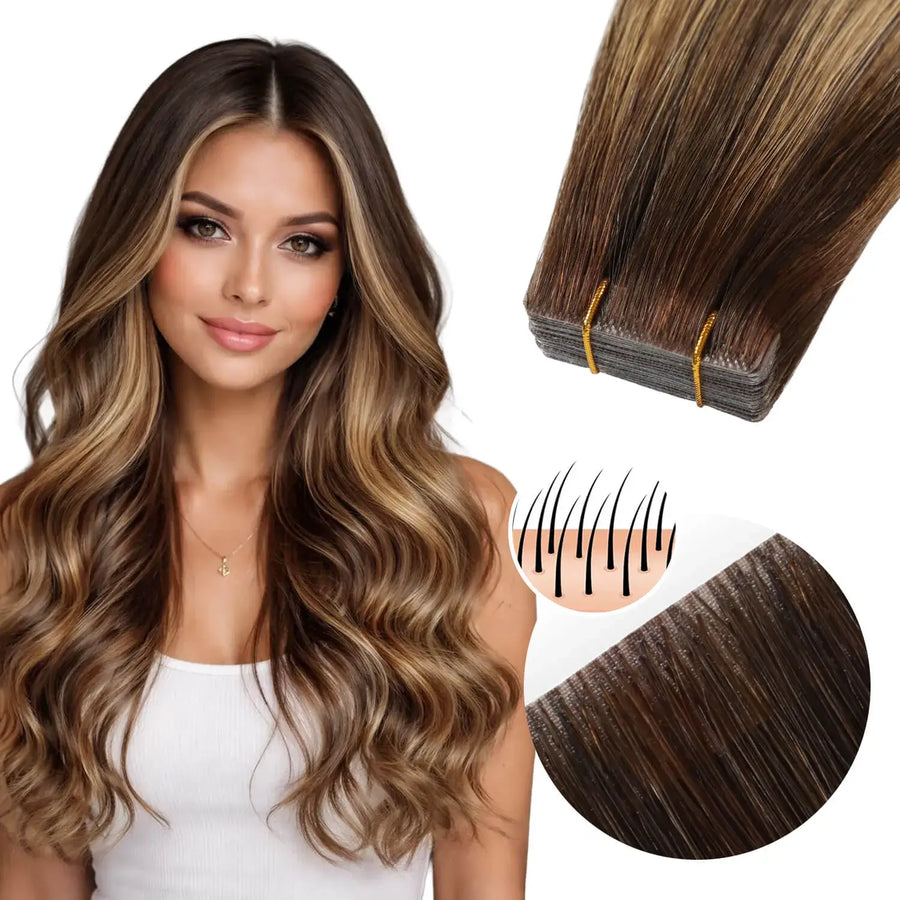 SUYYA Remy Invisible Tape ins (#P4/27/T4) Balayage Chocolate Brown / Caramel Blonde Hair Extensions 20Pcs