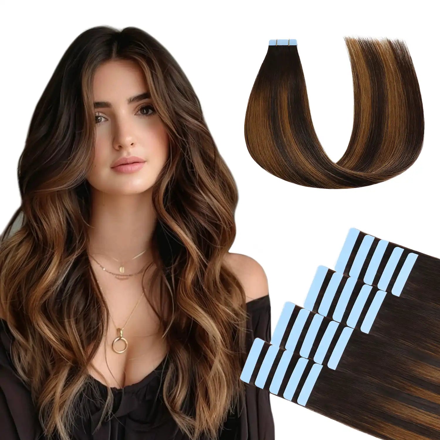 SUYYA Remy Human Tape-In Hair Extensions Balayage Darkest Brown  Light Brown (#P2/8/T2) 20Pcs