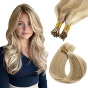 SUYYA Virgin Human Hair Prebonded I Tip Extensions Stick Tip Cold Fusion Hair  Ash Blonde / Bleach Blonde Balayage (#P18/613)
