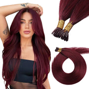 SUYYA Virgin Human Hair Prebonded I Tip Extensions Stick Tip Cold Fusion Hair Burgundy (#99J)