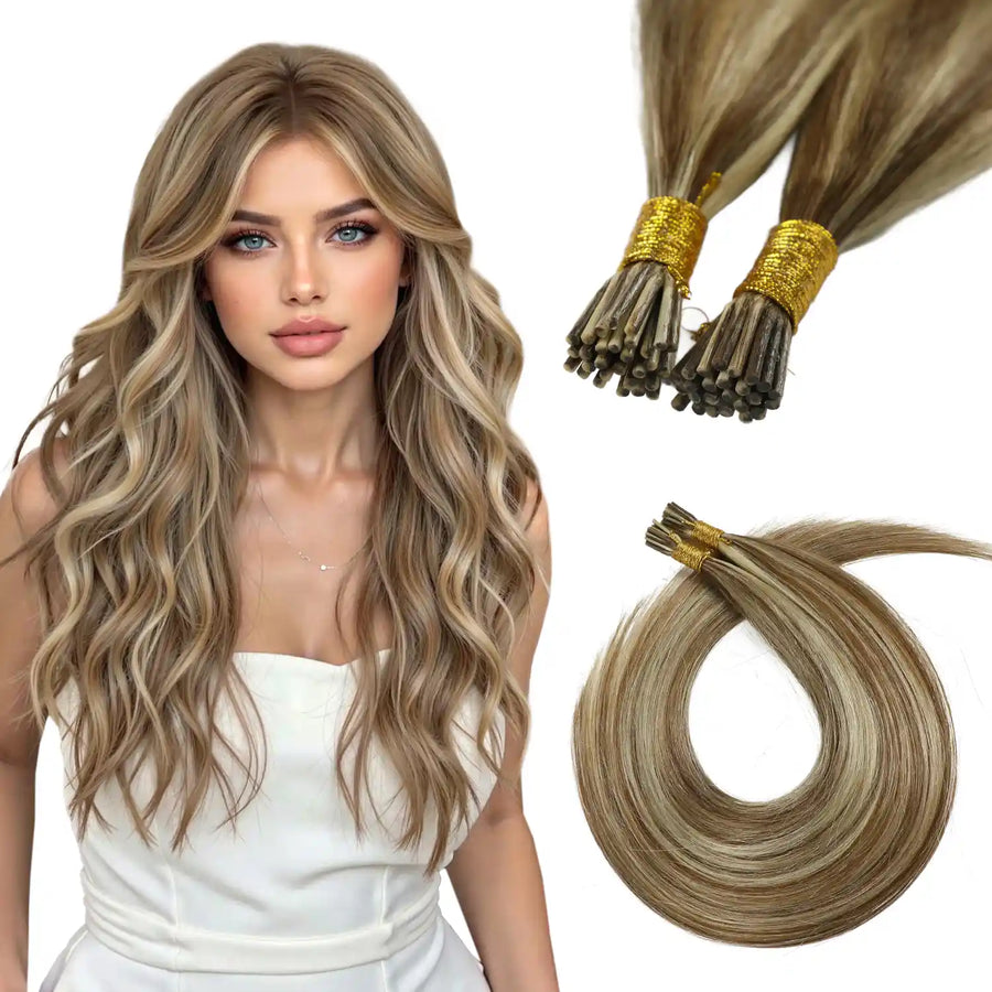 SUYYA Virgin Human Hair Prebonded I Tip Extensions Stick Tip Cold Fusion Hair Chocolate Brown / Bleach Blonde (#P6/613)