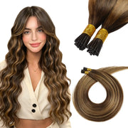 SUYYA Virgin Human Hair Prebonded I Tip Extensions Stick Tip Cold Fusion Hair Chocolate Brown / Caramel Blonde Balayage (#P4/27/T4)