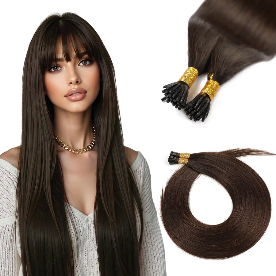 SUYYA Virgin Human Hair Prebonded I Tip Extensions Stick Tip Cold Fusion Hair  Darkest Brown (#2)
