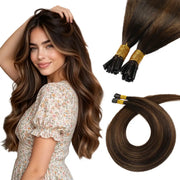 SUYYA Virgin Human Hair Prebonded I Tip Extensions Stick Tip Cold Fusion Hair Darkest Brown Balayage (#P2/6/T2)