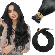SUYYA Virgin Human Hair Prebonded I Tip Extensions Stick Tip Cold Fusion Hair Jet Black (#1)