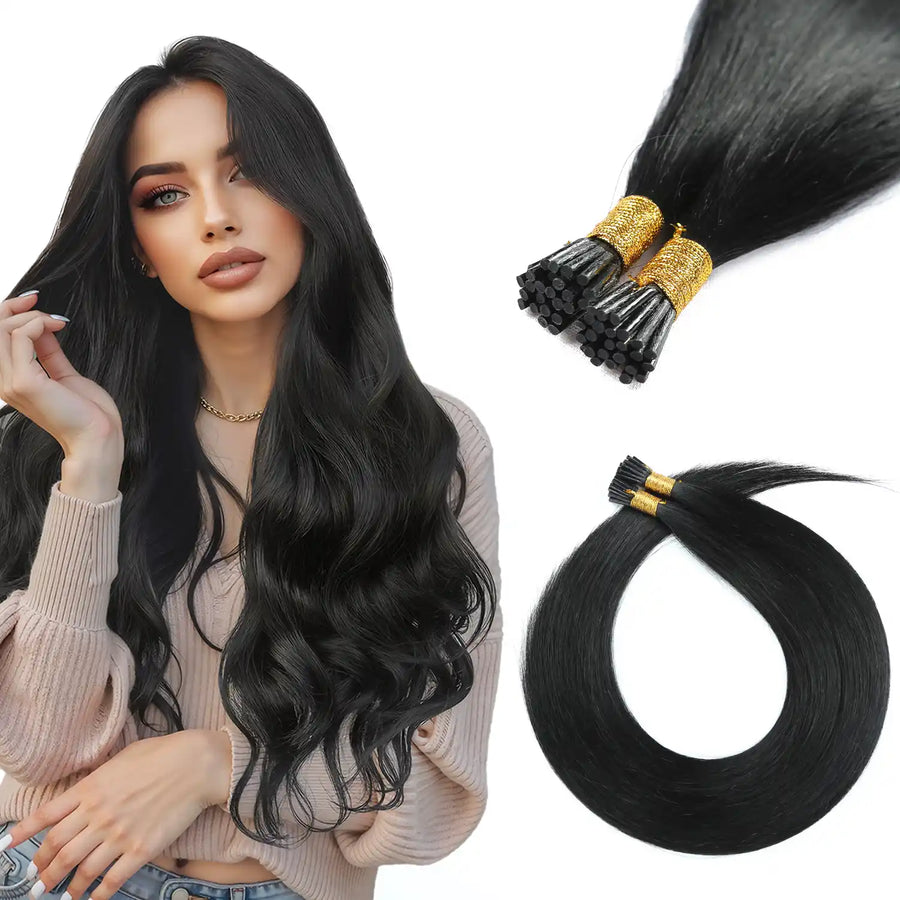 SUYYA Virgin Human Hair Prebonded I Tip Extensions Stick Tip Cold Fusion Hair Jet Black (#1)