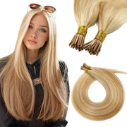 SUYYA Virgin Human Hair Prebonded I Tip Extensions Stick Tip Cold Fusion Hair Strawberry Blonde / Bleach Blonde Balayage (#P27/613)