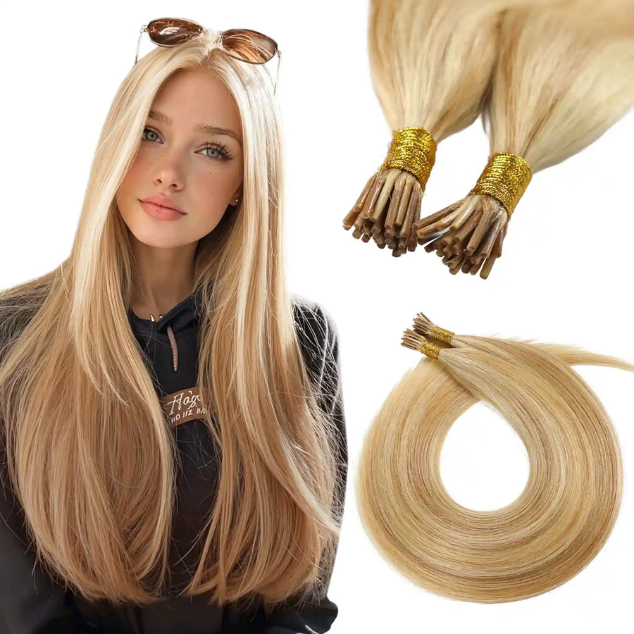 SUYYA Virgin Human Hair Prebonded I Tip Extensions Stick Tip Cold Fusion Hair Strawberry Blonde / Bleach Blonde Balayage (#P27/613)