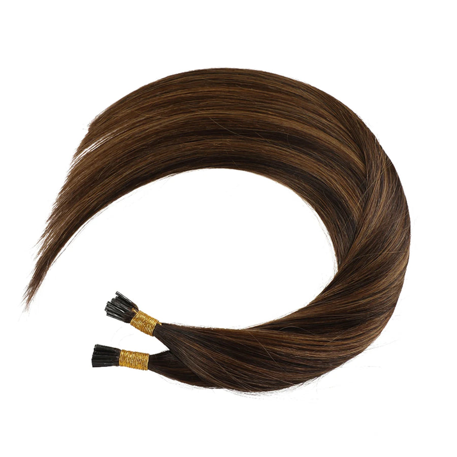 SUYYA Virgin Human Hair Prebonded I Tip Extensions Stick Tip Cold Fusion Hair Darkest Brown Balayage (#P2/6/T2)