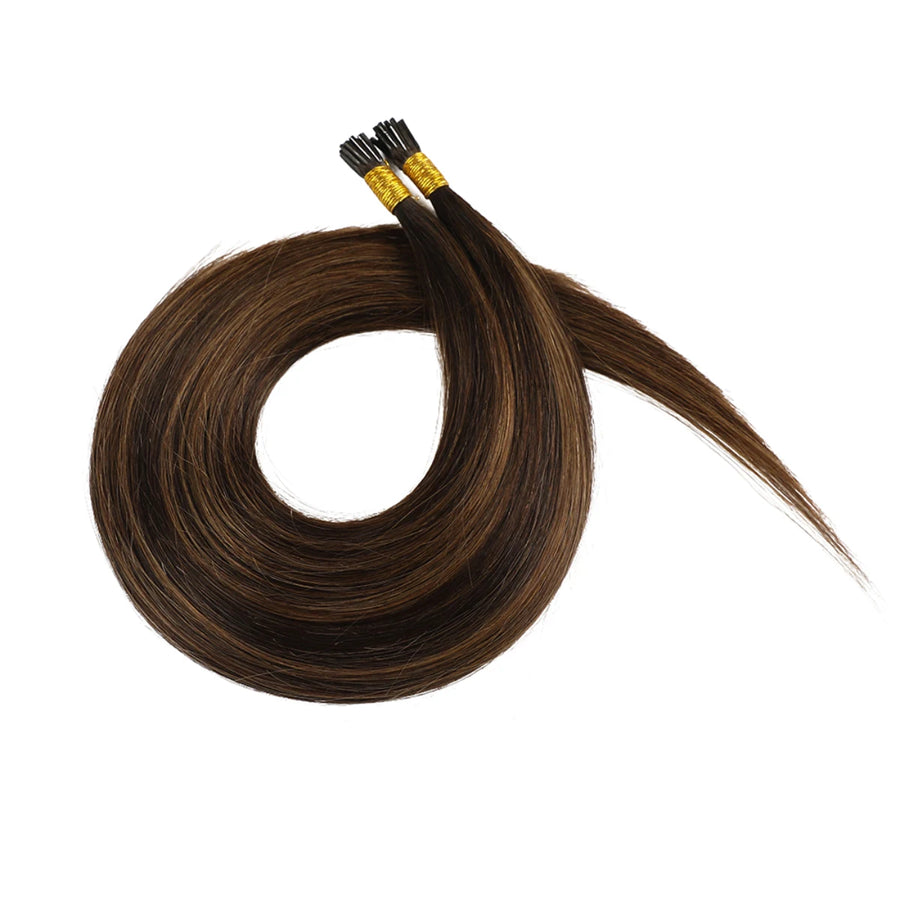 SUYYA Virgin Human Hair Prebonded I Tip Extensions Stick Tip Cold Fusion Hair Darkest Brown Balayage (#P2/6/T2)