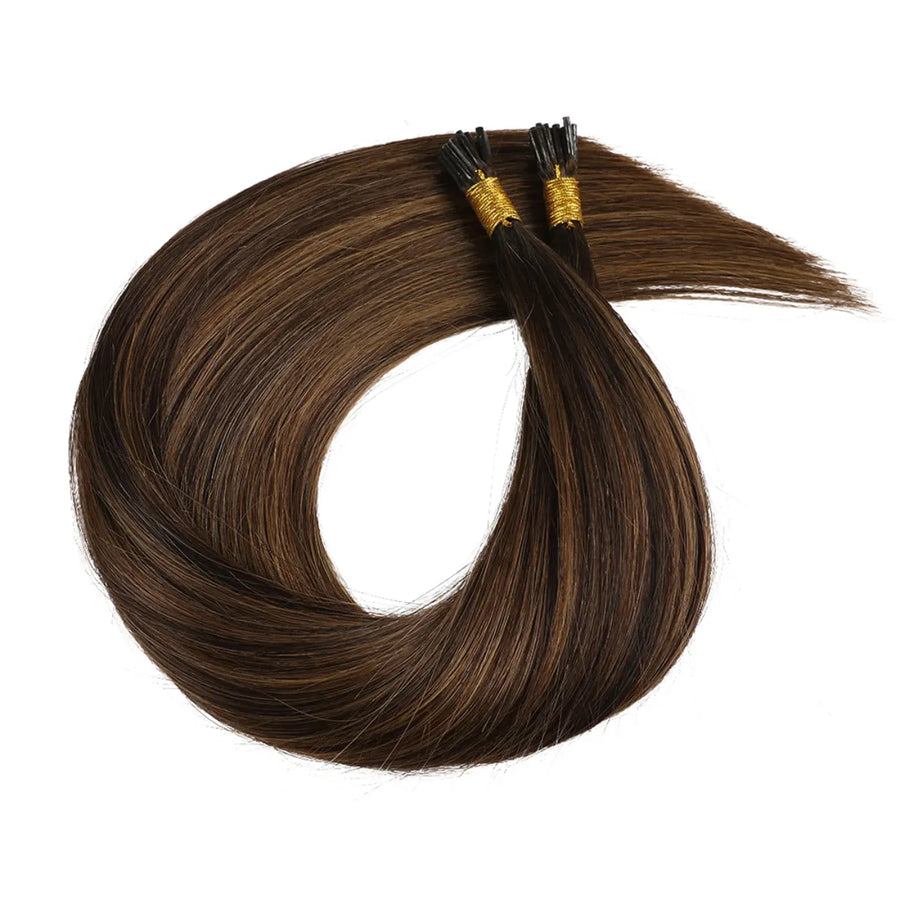 SUYYA Virgin Human Hair Prebonded I Tip Extensions Stick Tip Cold Fusion Hair Darkest Brown Balayage (#P2/6/T2)