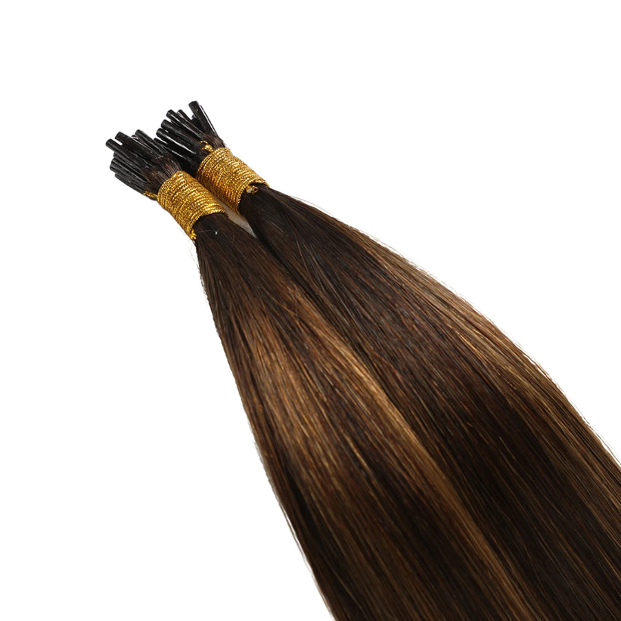 SUYYA Virgin Human Hair Prebonded I Tip Extensions Stick Tip Cold Fusion Hair Darkest Brown Balayage (#P2/6/T2)