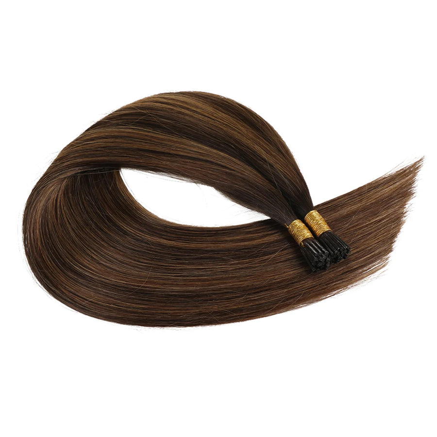 SUYYA Virgin Human Hair Prebonded I Tip Extensions Stick Tip Cold Fusion Hair Darkest Brown Balayage (#P2/6/T2)