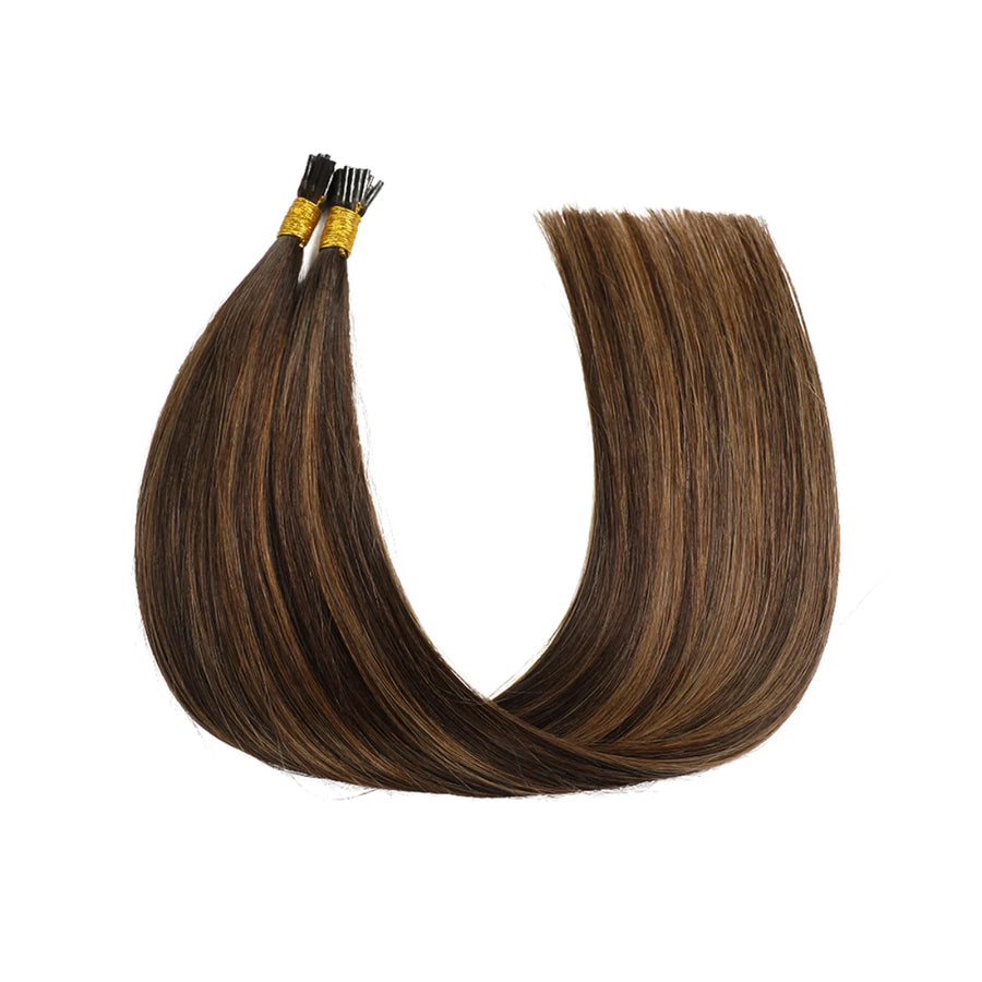 SUYYA Virgin Human Hair Prebonded I Tip Extensions Stick Tip Cold Fusion Hair Darkest Brown Balayage (#P2/6/T2)