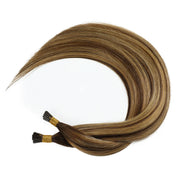 SUYYA Virgin Human Hair Prebonded I Tip Extensions Stick Tip Cold Fusion Hair Chocolate Brown / Caramel Blonde Balayage (#P4/27/T4)