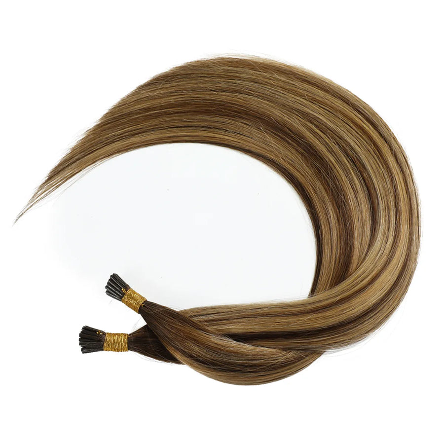 SUYYA Virgin Human Hair Prebonded I Tip Extensions Stick Tip Cold Fusion Hair Chocolate Brown / Caramel Blonde Balayage (#P4/27/T4)