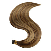 SUYYA Virgin Human Hair Prebonded I Tip Extensions Stick Tip Cold Fusion Hair Chocolate Brown / Caramel Blonde Balayage (#P4/27/T4)