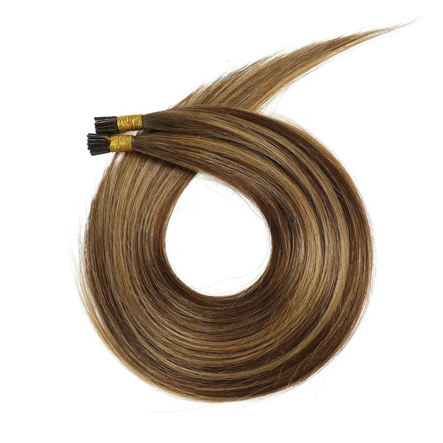 SUYYA Virgin Human Hair Prebonded I Tip Extensions Stick Tip Cold Fusion Hair Chocolate Brown / Caramel Blonde Balayage (#P4/27/T4)