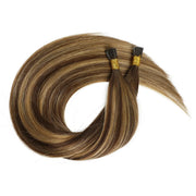 SUYYA Virgin Human Hair Prebonded I Tip Extensions Stick Tip Cold Fusion Hair Chocolate Brown / Caramel Blonde Balayage (#P4/27/T4)