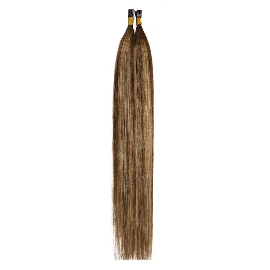 SUYYA Virgin Human Hair Prebonded I Tip Extensions Stick Tip Cold Fusion Hair Chocolate Brown / Caramel Blonde Balayage (#P4/27/T4)