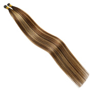 SUYYA Virgin Human Hair Prebonded I Tip Extensions Stick Tip Cold Fusion Hair Chocolate Brown / Caramel Blonde Balayage (#P4/27/T4)