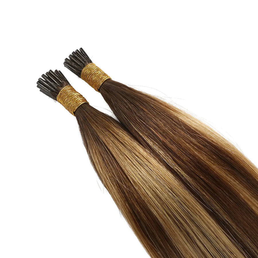 SUYYA Virgin Human Hair Prebonded I Tip Extensions Stick Tip Cold Fusion Hair Chocolate Brown / Caramel Blonde Balayage (#P4/27/T4)