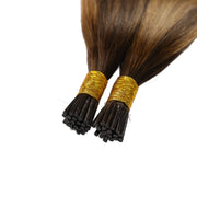 SUYYA Virgin Human Hair Prebonded I Tip Extensions Stick Tip Cold Fusion Hair Chocolate Brown / Caramel Blonde Balayage (#P4/27/T4)