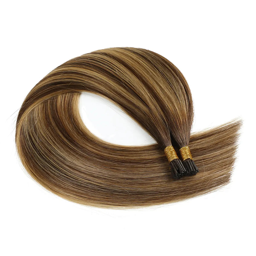 SUYYA Virgin Human Hair Prebonded I Tip Extensions Stick Tip Cold Fusion Hair Chocolate Brown / Caramel Blonde Balayage (#P4/27/T4)