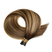 SUYYA Virgin Human Hair Prebonded I Tip Extensions Stick Tip Cold Fusion Hair Chocolate Brown / Caramel Blonde Balayage (#P4/27/T4)