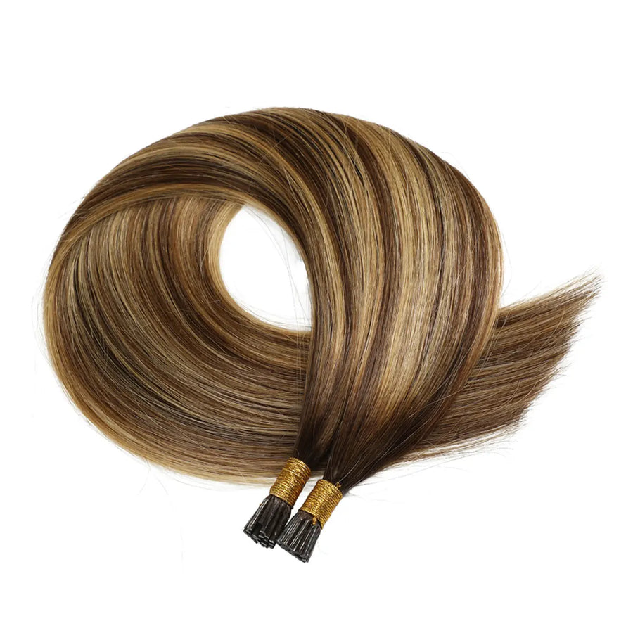 SUYYA Virgin Human Hair Prebonded I Tip Extensions Stick Tip Cold Fusion Hair Chocolate Brown / Caramel Blonde Balayage (#P4/27/T4)