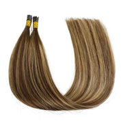 SUYYA Virgin Human Hair Prebonded I Tip Extensions Stick Tip Cold Fusion Hair Chocolate Brown / Caramel Blonde Balayage (#P4/27/T4)