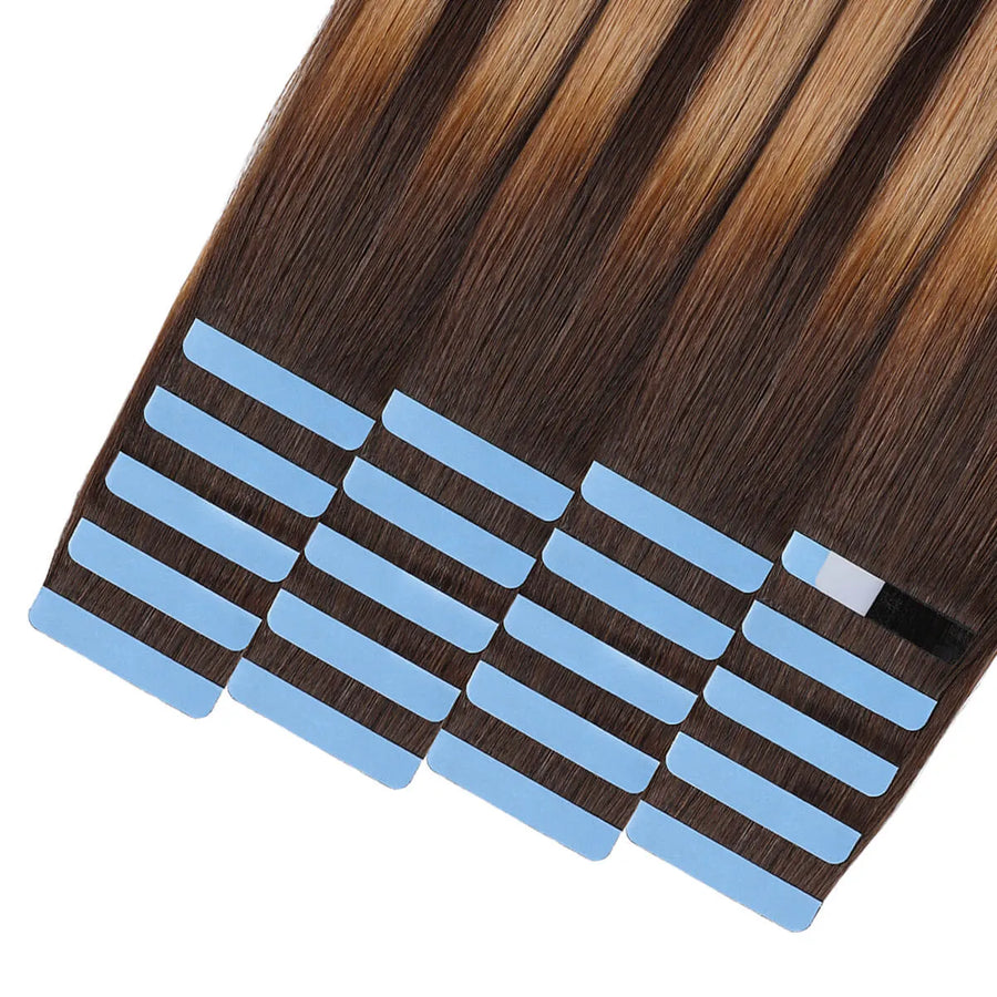 SUYYA Remy Invisible Tape ins (#P4/27/T4) Balayage Chocolate Brown / Caramel Blonde Hair Extensions 20Pcs