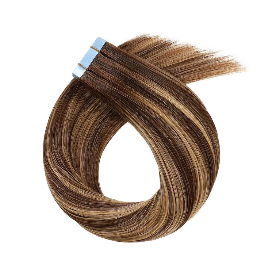 SUYYA Remy Invisible Tape ins (#P4/27/T4) Balayage Chocolate Brown / Caramel Blonde Hair Extensions 20Pcs